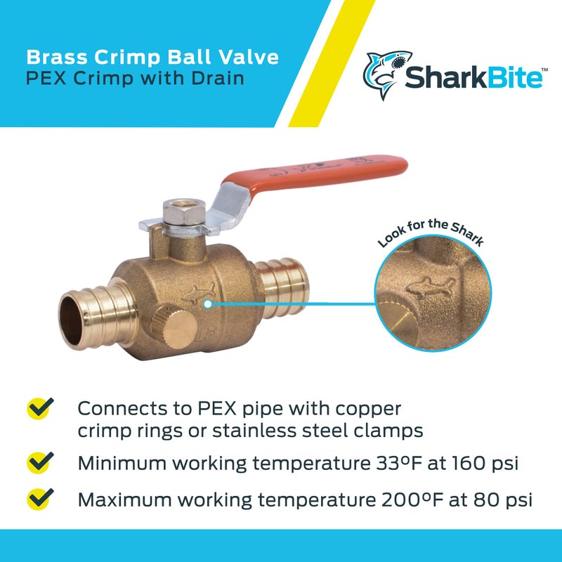 SharkBite 3/4 Inch Crimp Ball Valve with Drain, Brass Plumbing Fitting, PEX Pipe, PE-RT, 24613LFA - Image 4